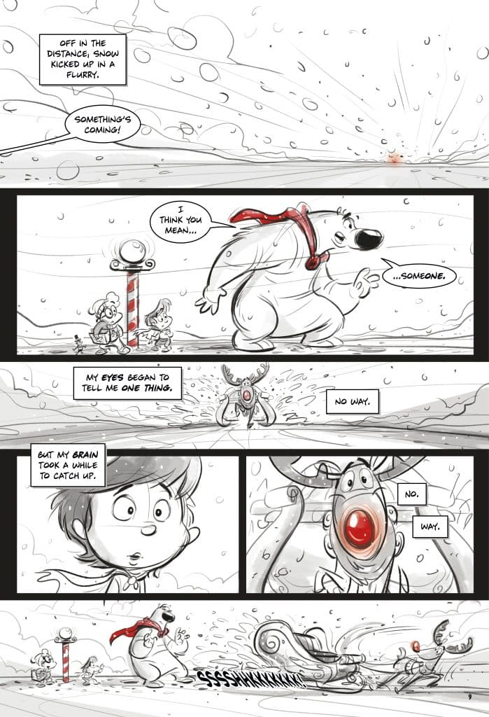 A comic panel depicting a snowy scene with a large bear in a red scarf walking towards a small group of children, signaling that something is coming in the distance.