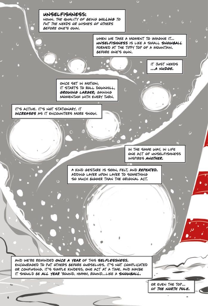 An illustration depicting the concept of unselfishness, represented as a snowball growing larger as it rolls downhill. The text explains that unselfishness is like a small snowball that gains momentum and encourages kindness, highlighted by various snowballs and a lighthouse in the background.