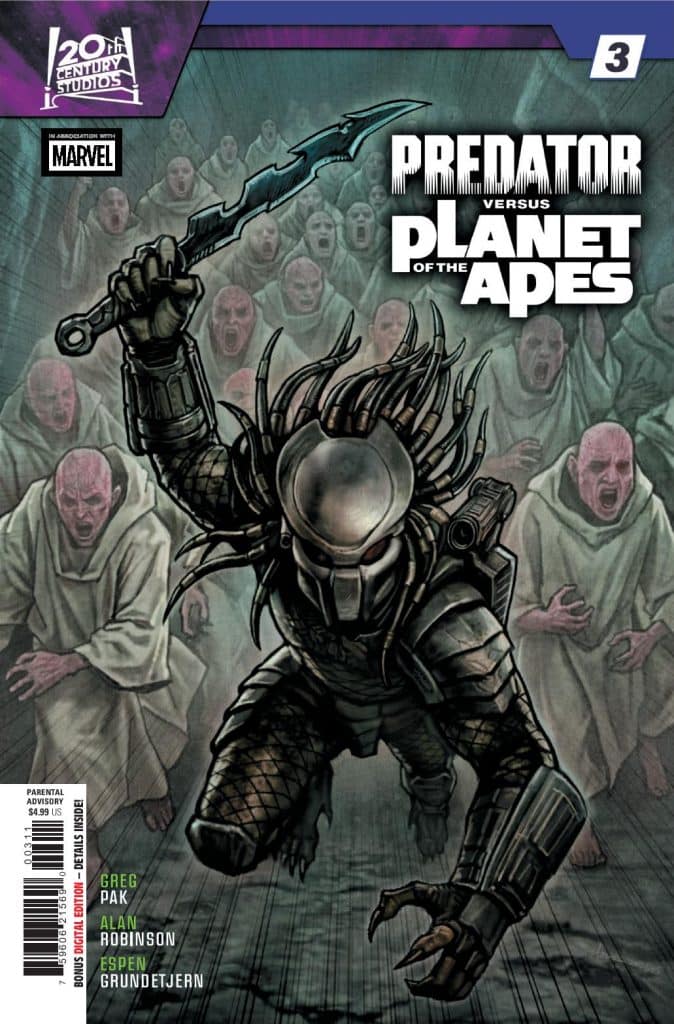Comic book cover featuring the Predator character, brandishing a spear, with a group of terrified figures in the background. The title reads 'Predator versus Planet of the Apes'.