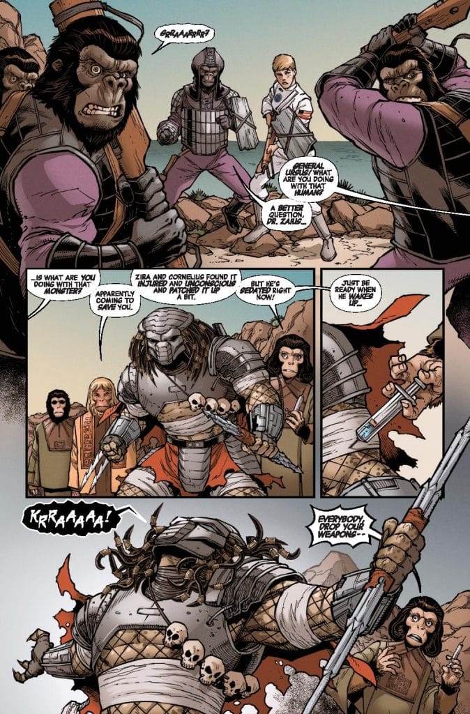 A comic book scene featuring humanoid monkeys and a human character in a tense situation. The monkeys wear armor and appear to be confronting the human, with one in the foreground shouting. The background shows a rocky landscape. Dialogue bubbles convey a conversation about saving the human, while a menacing armored figure looms with weapons drawn.