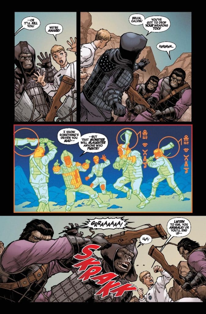 A comic book panel showing a tense confrontation between characters, including gorillas in armor and a human holding a weapon, amidst a rocky landscape. Speech bubbles indicate a heated dialogue about weapons and fighting, with one character expressing concern about an unknown monster.