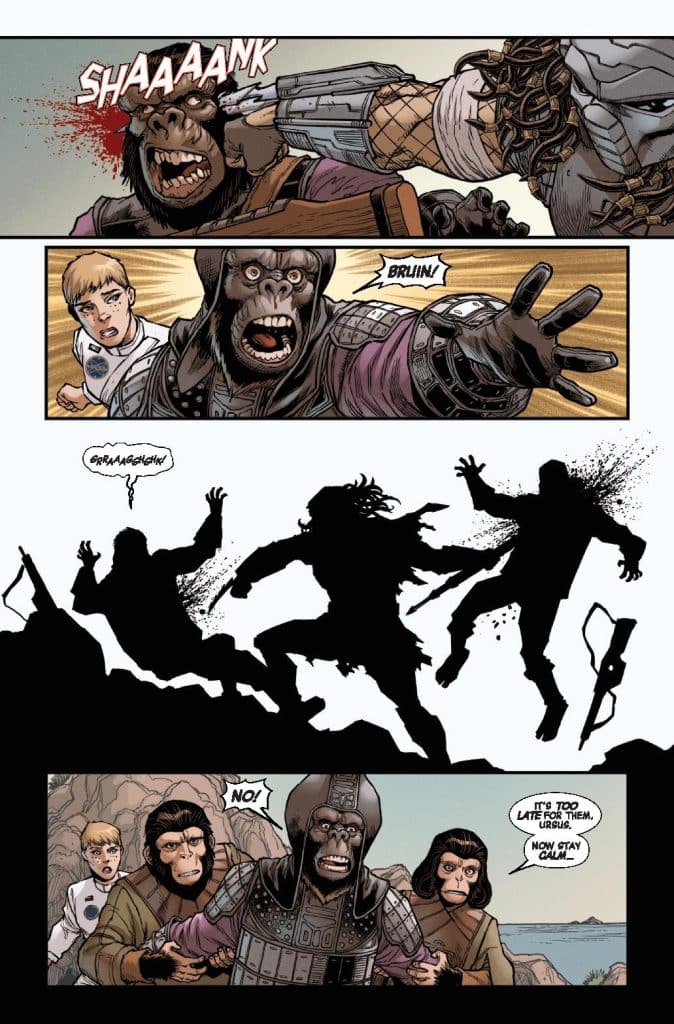 A comic book panel depicting a dramatic scene with anthropomorphic gorillas in battle, featuring one gorilla with a weapon and blood, another gorilla reaching out, and intense expressions on their faces.