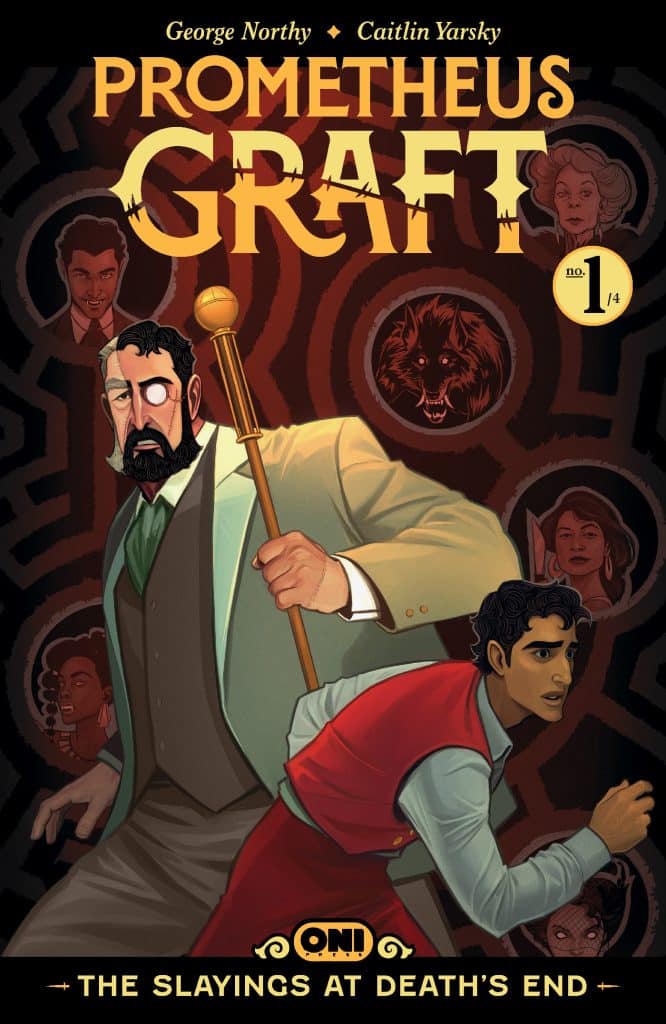 Cover of the comic book 'Prometheus Graft' by George Northy and Caitlin Yarsky, featuring two main characters in the foreground, one holding a staff, surrounded by various character portraits and a dark maze-like background.