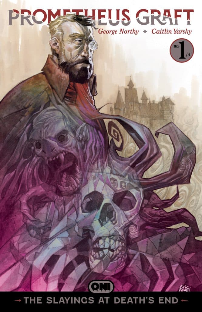 Cover art for the comic 'Prometheus Graft', featuring a brooding man with a beard in a dark coat, surrounded by ominous imagery including skulls and shadowy figures, with the title and credits displayed prominently.