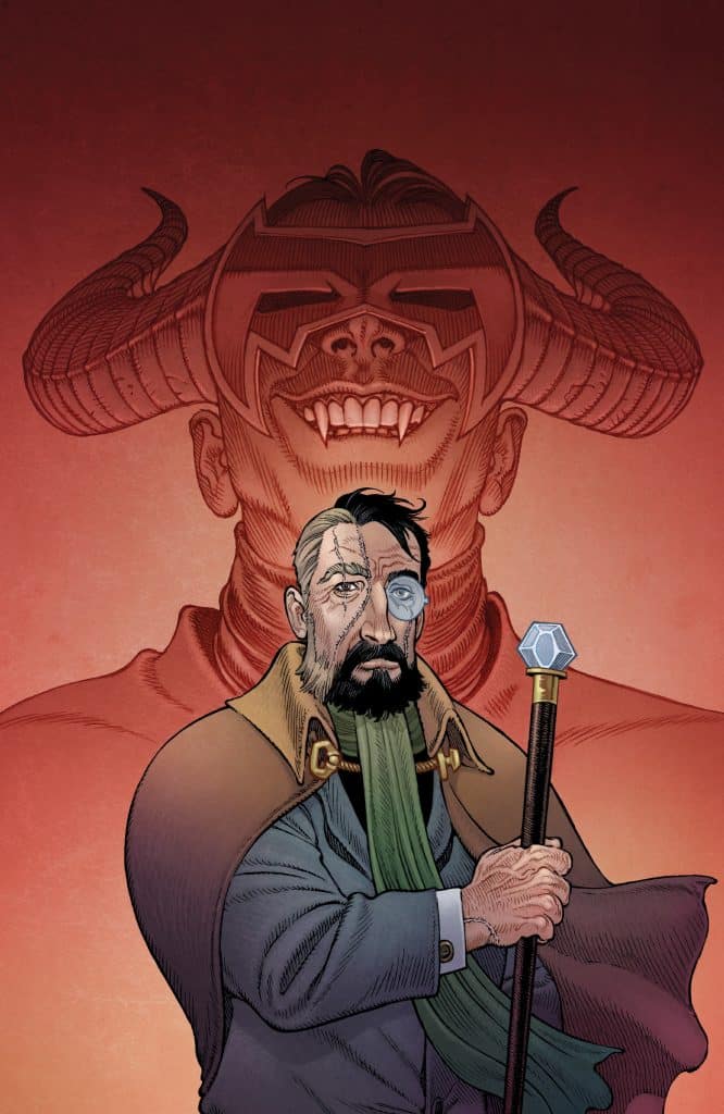 A man with a beard and a monocle holding a staff, dressed in a cloak and scarf, stands in the foreground. In the background, a large figure with horns and a menacing smile looms over him, set against a dramatic red gradient.