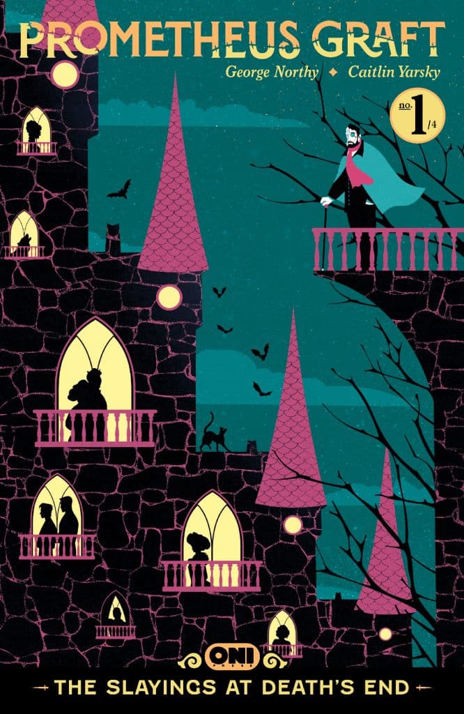 Cover of the comic 'Prometheus Graft' featuring a dark castle with pink turrets, silhouettes of characters in windows, and a figure on a balcony holding a cane. The title and creator details are prominently displayed.