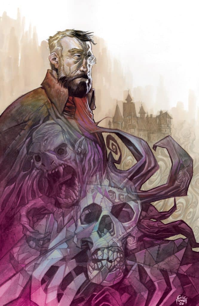 A mysterious man with glasses and a beard stands confidently in a dark, ominous landscape filled with abstract skulls and monstrous figures, conveying a sense of intrigue and danger.