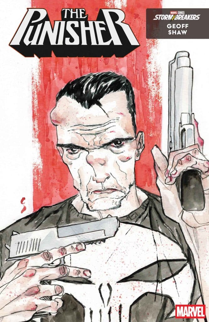 Illustration of The Punisher character holding guns, featuring a stylized artistic rendering with a red background.