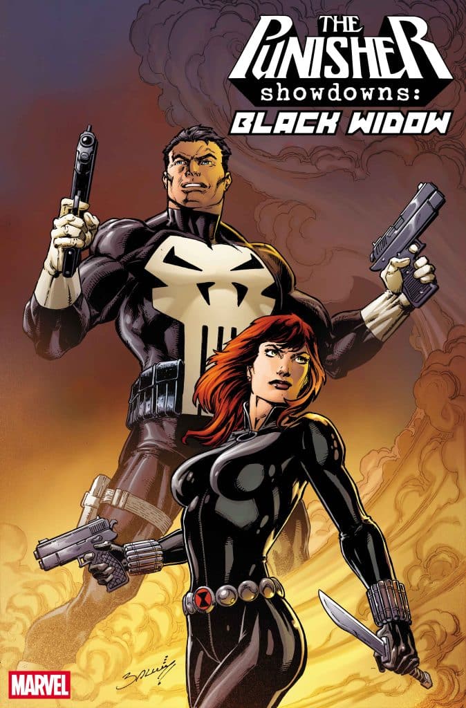 The Punisher and Black Widow stand back-to-back in a dynamic comic book cover illustration, both holding firearms. The Punisher is wearing his signature skull logo t-shirt, while Black Widow is dressed in a sleek black suit, holding a gun in one hand and a dagger in the other. The background features an orange smoky effect, enhancing the dramatic atmosphere of the scene.