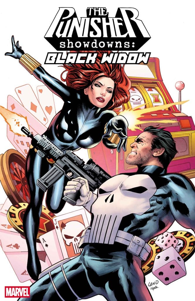 A comic cover featuring The Punisher and Black Widow, with The Punisher holding a gun and Black Widow in a dynamic pose. The background includes casino elements like playing cards and a slot machine.