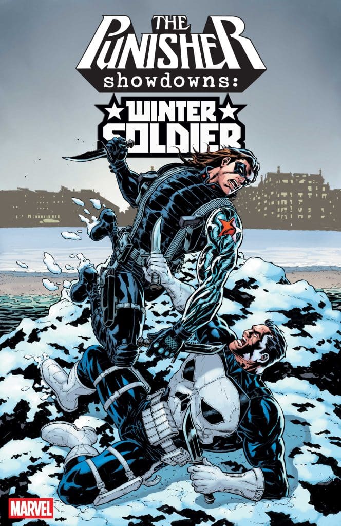 Comic cover featuring The Punisher and Winter Soldier in a snowy landscape, showcasing an intense confrontation.