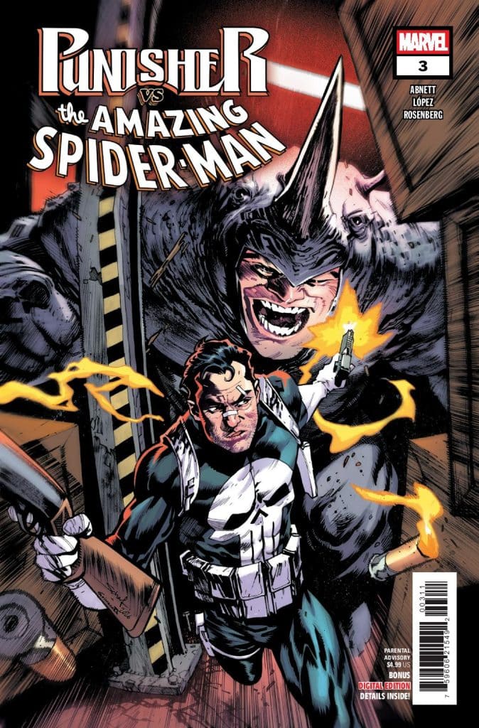 Comic book cover featuring Punisher and Spider-Man, with dramatic colors and action-oriented poses. Punisher is depicted holding a weapon, while Spider-Man looms in the background.