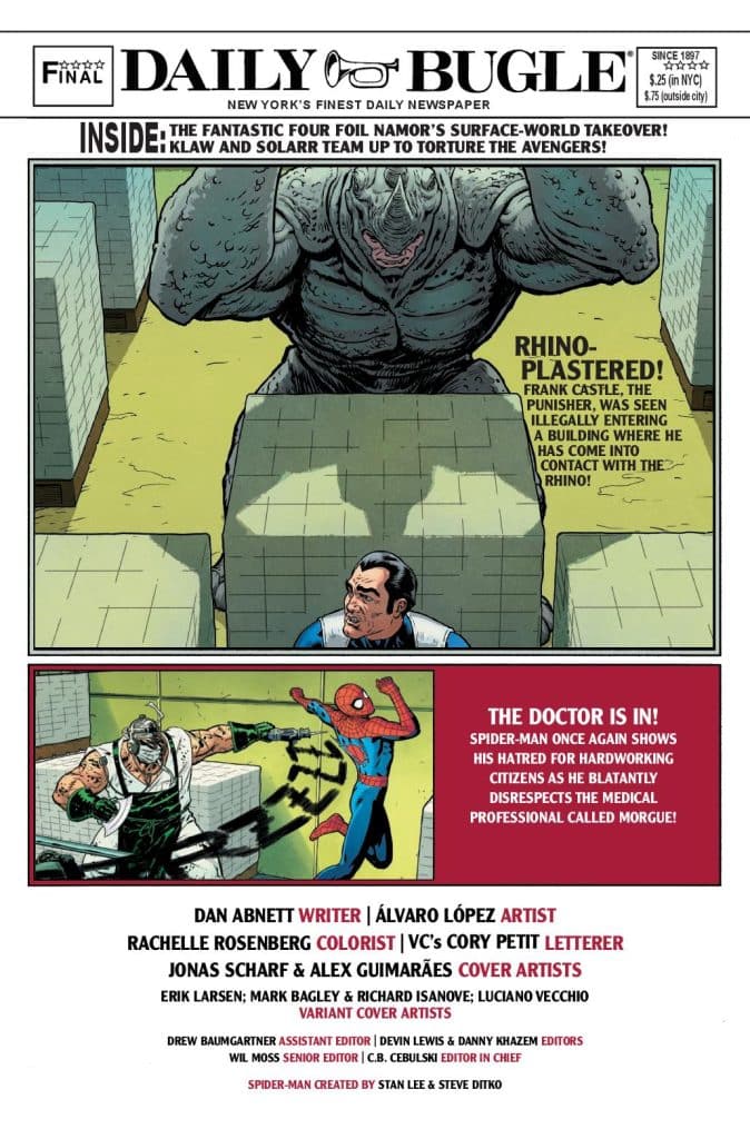 A comic strip style image featuring Spider-Man in action, facing off against the villain Rhino, with a newspaper layout from the Daily Bugle showcasing articles about their conflict.