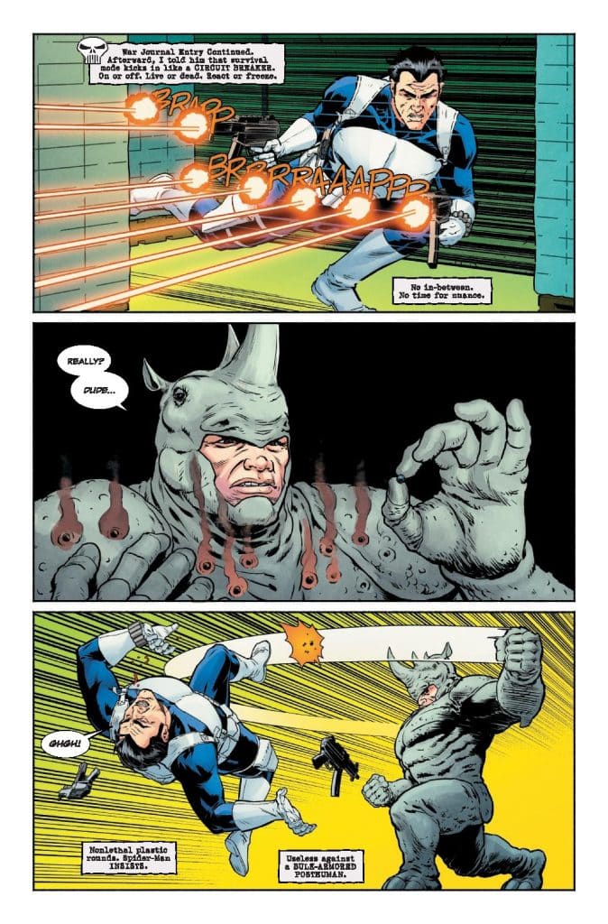 A comic book scene featuring a character in a blue and white costume shooting at a large, gray, muscular creature with horns. The character is in a dynamic action pose, and bullet effects are illustrated with sound words like 'BRRRAP.' Another panel shows the gray creature responding while the character appears to be in a mid-air kick. Dialogue bubbles include humorous remarks.