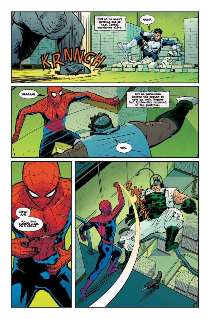 Comic book scene featuring Spider-Man and another character engaged in a fight against a large foe. Spider-Man is depicted in his red and blue costume, while the other character wears a dark outfit. Action splashes such as 'KRNNCH' and 'SMMACK' are visible, emphasizing the intensity of the battle.