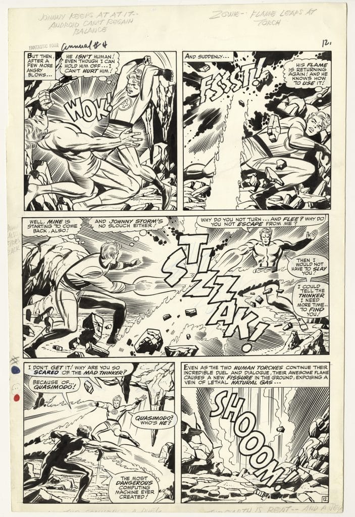 Page 12 from Fantastic Four Annual #4 from 1966, featuring ink art by Joe Sinnott and lettering by Sam Rosen, also part of the generous gift to the Kirby Museum from Richard Howell..