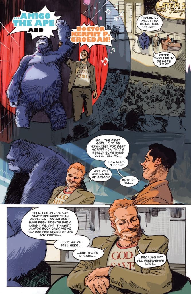A comic-style illustration featuring a gorilla named Amigo the Ape and a man, Dr. Kermit P. Groedam, sitting on a stage. The audience is visible in the background, and the characters are engaged in a conversation about friendship and gratitude.