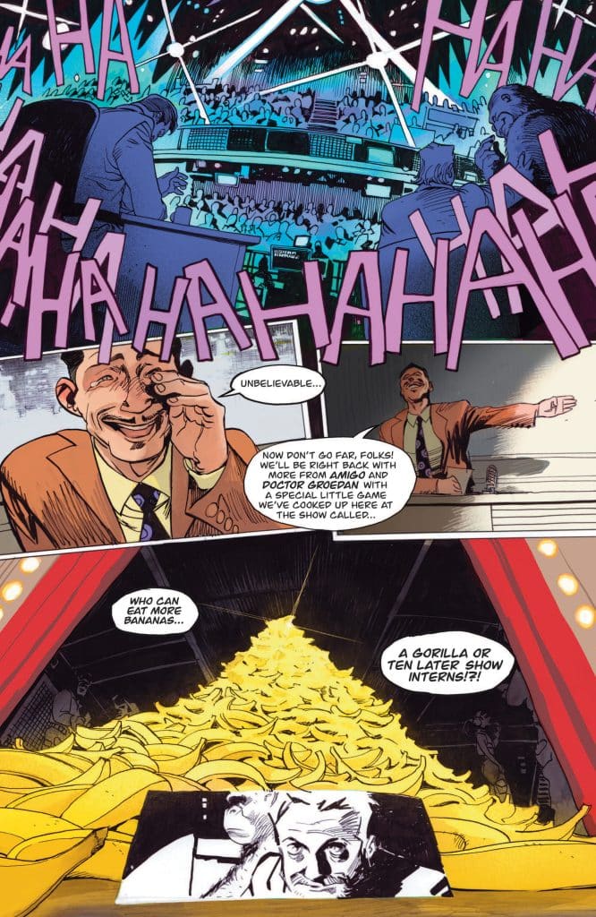 A comic-style illustration featuring a stage with a large audience laughing encouraged by a host. The host, dressed in a suit, smiles while announcing a game involving a large pile of bananas. The bottom portion shows a serious-looking character in a close-up, with playful text surrounding them.