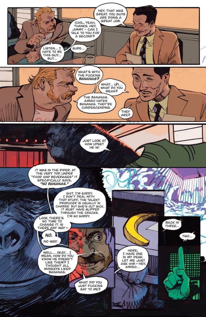 A comic strip featuring a conversation between two characters, one with a mustache and the other in a suit, discussing the issue of bananas in a humorous context. One character expresses frustration about bananas, while the other attempts to clarify the misunderstanding.