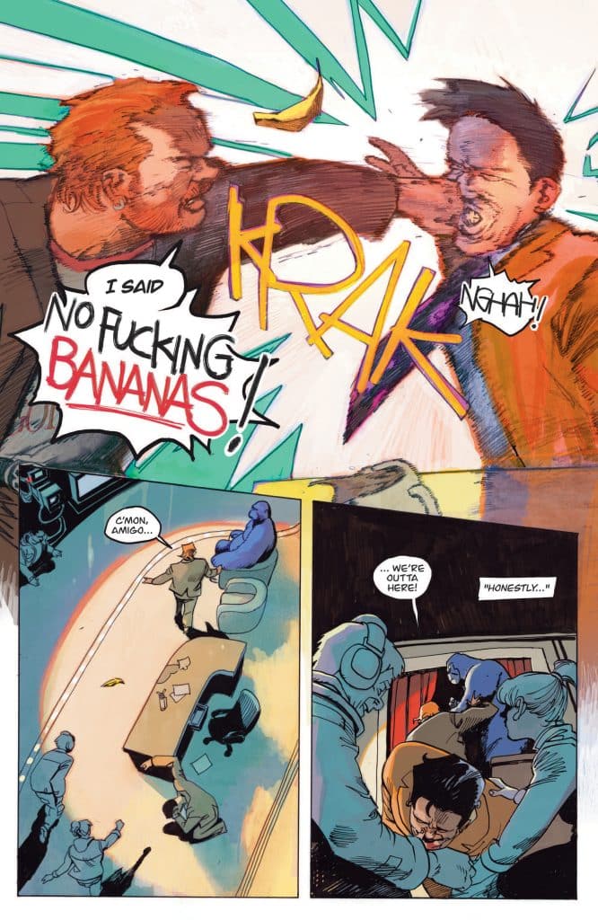 A dynamic comic book scene depicting two characters in a heated argument, one shouting 'I said no fucking bananas!' while the other appears to be deflecting a blow. In the background, other characters are observing the chaos.