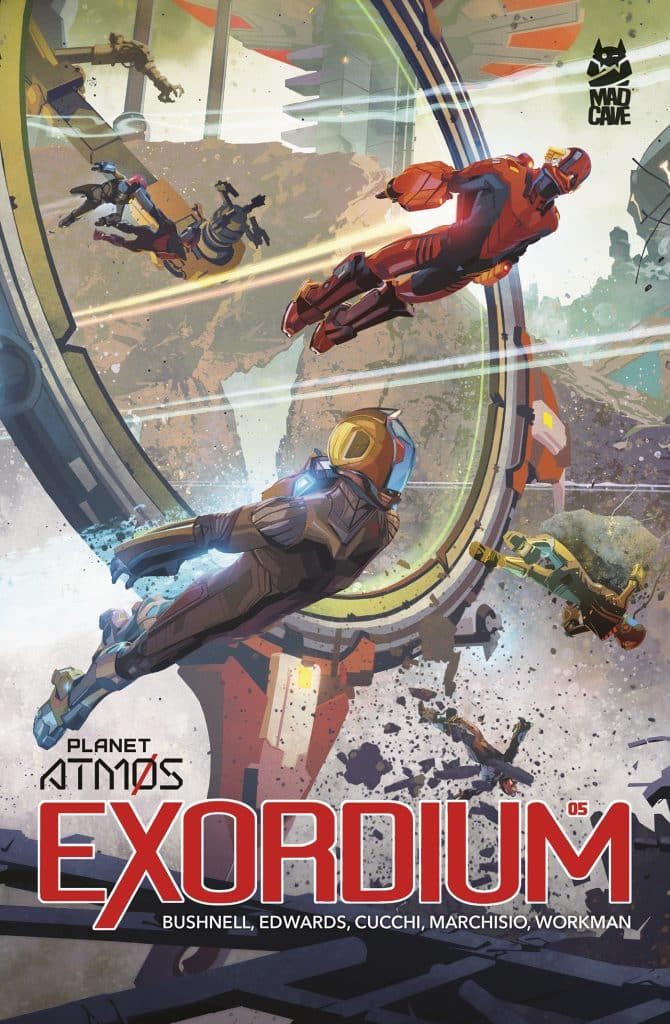 Cover art for the comic book 'Exordium' featuring several futuristic characters in action near a large circular structure in a sci-fi setting.