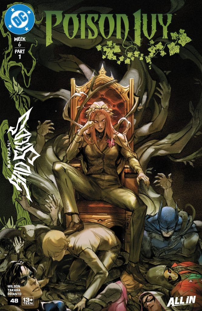 Comic book cover featuring Poison Ivy sitting on a throne surrounded by defeated characters, with lush greenery and vines in the background.