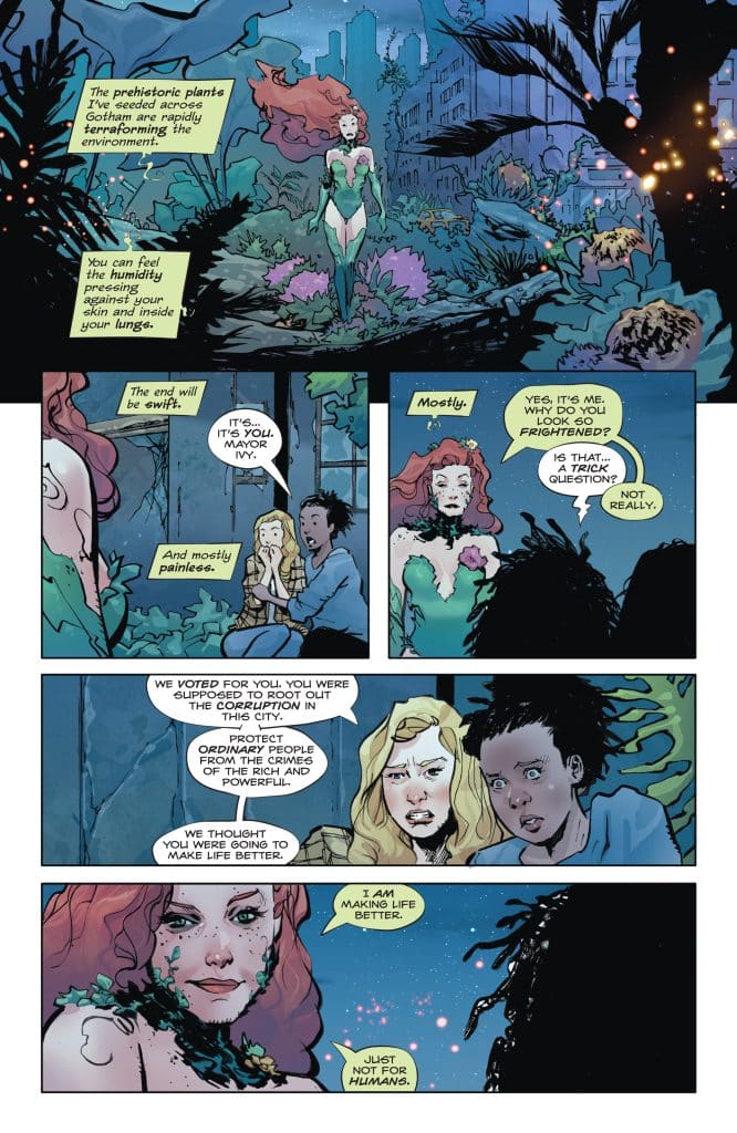 Comic panel depicting a conversation between Poison Ivy and two city residents amidst a lush, overgrown environment in Gotham City, highlighting themes of urban transformation and ecological concerns.