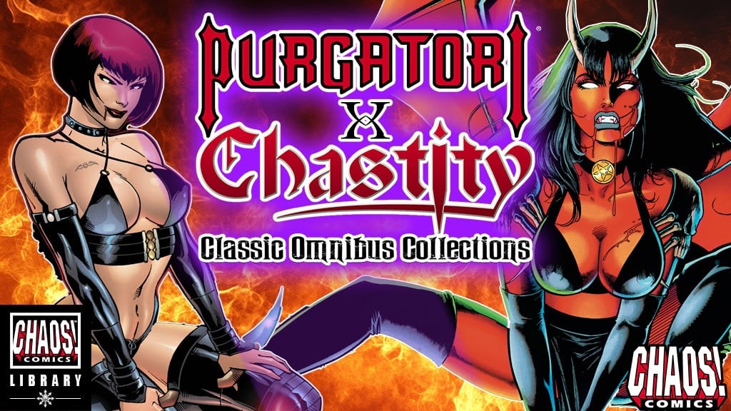 Comic book cover featuring Purgatori and Chastity, two female characters with distinctive styles, surrounded by a fiery background. The title 'PURGATORI x Chastity Classic Omnibus Collections' is prominently displayed.