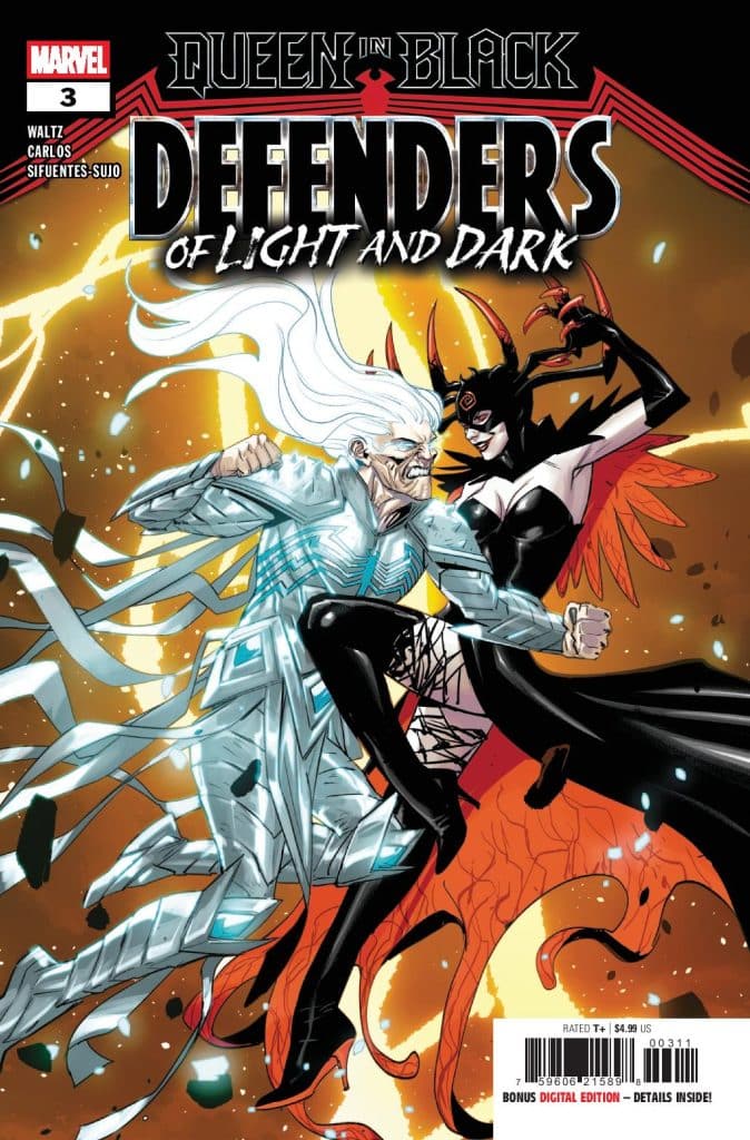 Comic book cover featuring two characters in a dynamic battle pose, one with flowing white hair in a futuristic outfit and the other with dark attire and red accents, surrounded by colorful energy effects. Title reads 'Queen in Black: Defenders of Light and Dark'.