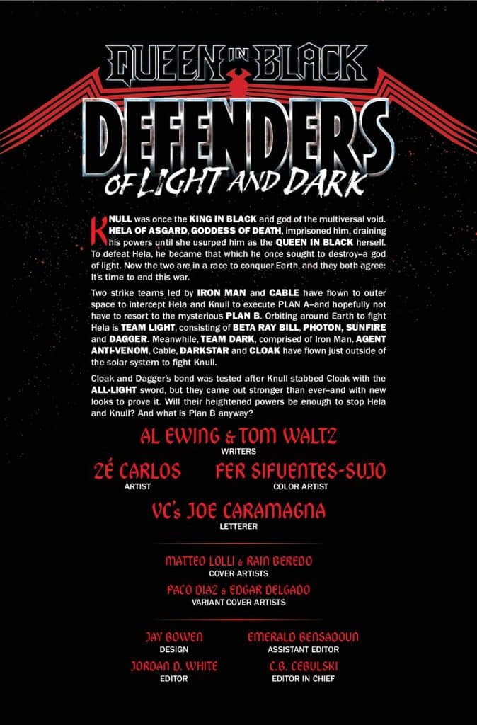 Comic book cover featuring the title 'Queen in Black: Defenders of Light and Dark' with a storyline involving characters like Iron Man, Cable, Hela, and Knull. The design includes credits for writers, artists, and editors in a bold, stylized font.
