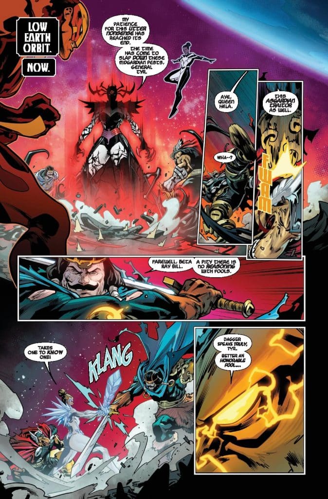 A colorful comic book page depicting a battle scene in low Earth orbit, featuring characters in armor and mythical attire. A central figure, Queen Hela, stands confidently as warriors prepare for combat, with speech bubbles indicating dialogue among the characters.