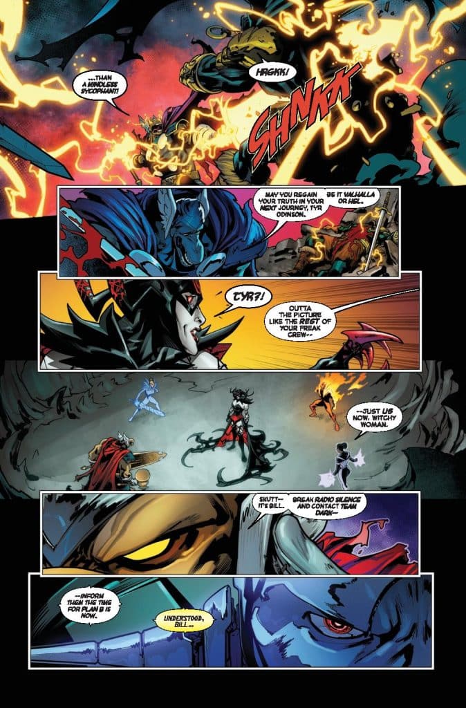 A dynamic comic book scene featuring a battle between colorful characters with supernatural powers, dramatic expressions, and explosive effects, highlighting dialogue boxes that enhance the narrative.