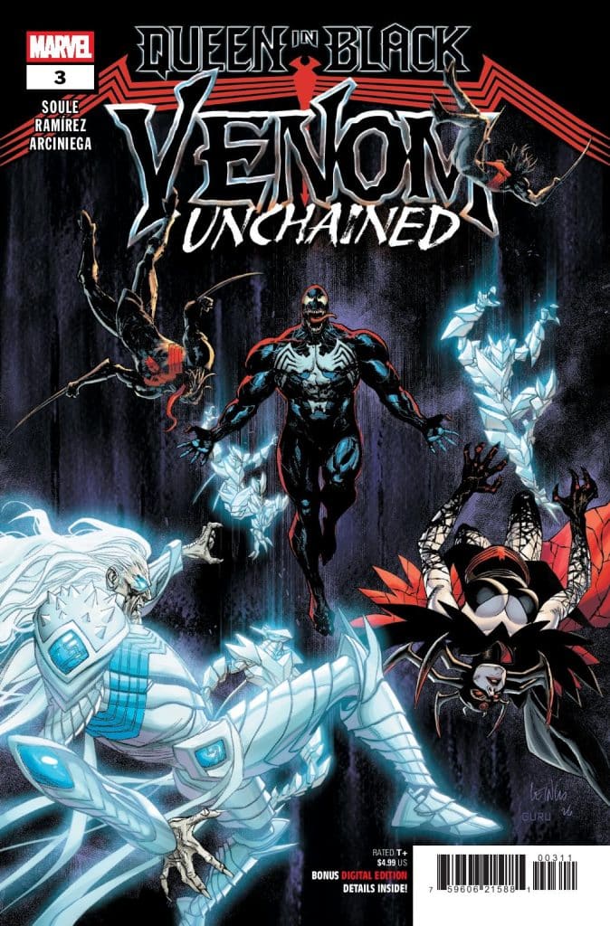 Cover of 'Queen in Black: Venom Unchained' #3 featuring multiple characters, including a prominent black and red Venom, a white figure with icy armor, and a character in a black and red outfit, set against a dark background.