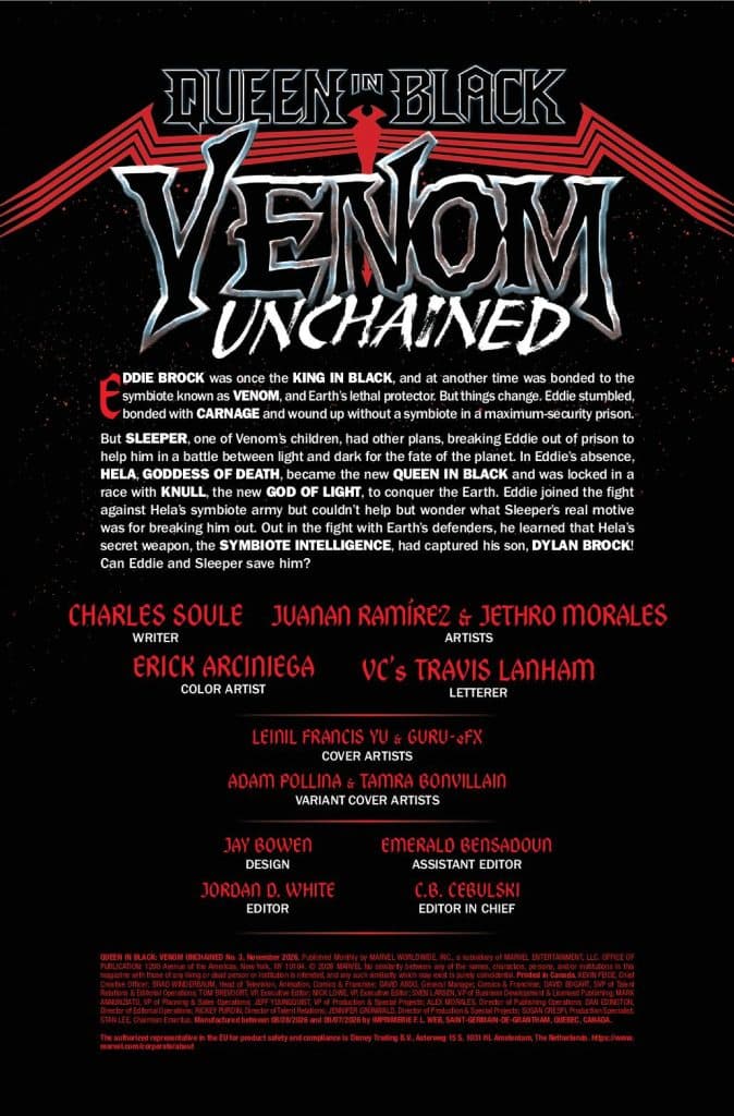 A promotional poster for the comic 'Venom Unchained' from the 'Queen in Black' series, featuring the title, author details, and illustrations. The background includes dark and vibrant colors that reflect the comic's theme.