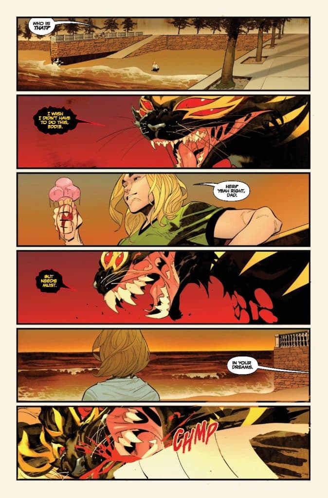 A comic panel featuring a character with long blonde hair holding an ice cream cone while conversing, with a large, fierce dragon-like creature emerging from the background.