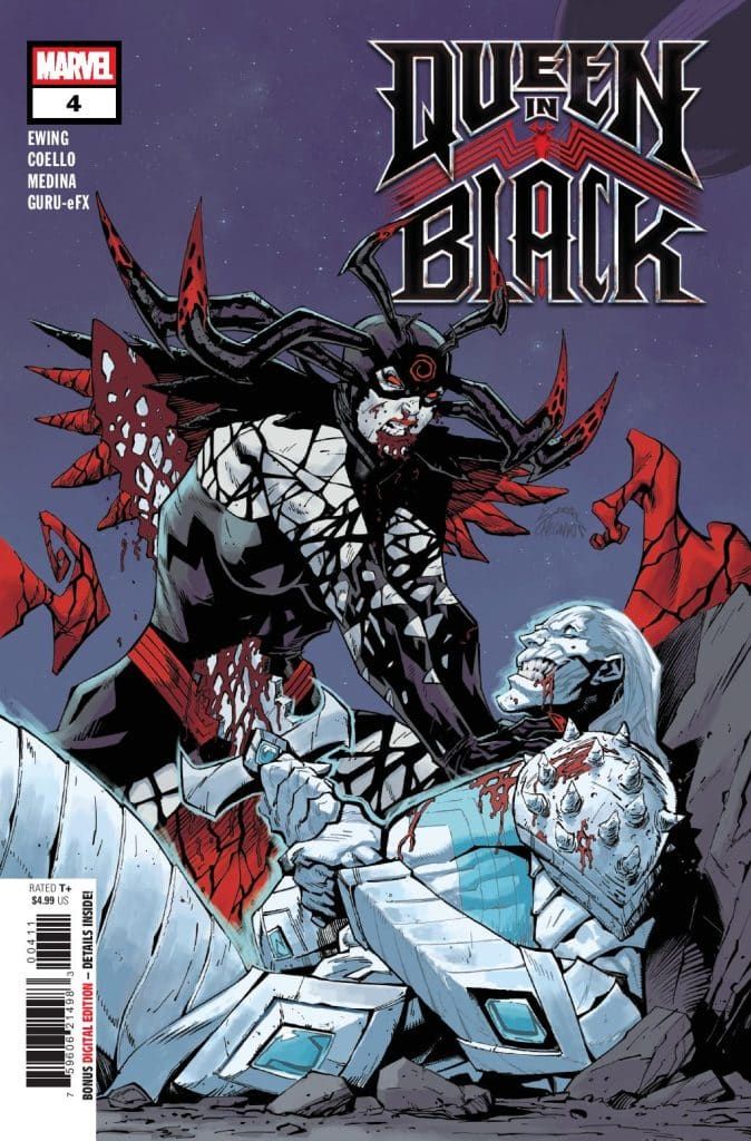 Cover of Marvel's 'Queen in Black' issue 4, featuring a dark, menacing character with tentacle-like appendages standing over a wounded figure, both splattered with blood, set against a cosmic background.