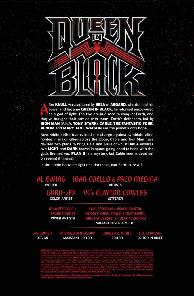 Cover page for the comic 'Queen in Black' featuring bold red and black typography, depicting a cosmic battle with references to characters like Knull, Hela, Iron Man, and others involved in a conflict of light and darkness.