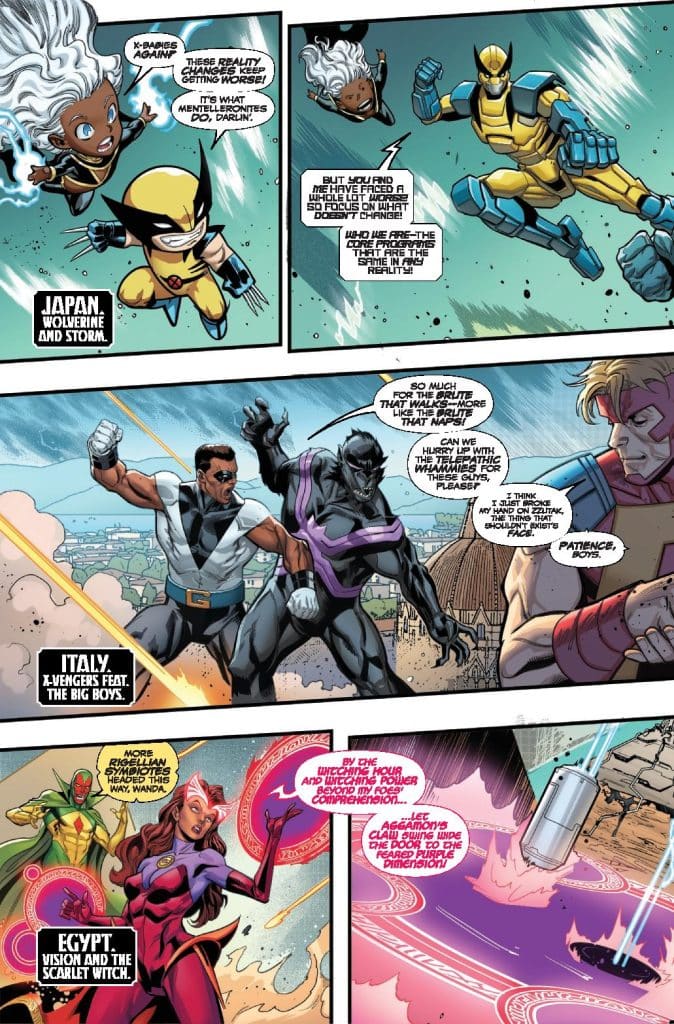 Comic book page featuring characters Wolverine, Storm, and others discussing reality changes in various locations including Japan, Italy, and Egypt.