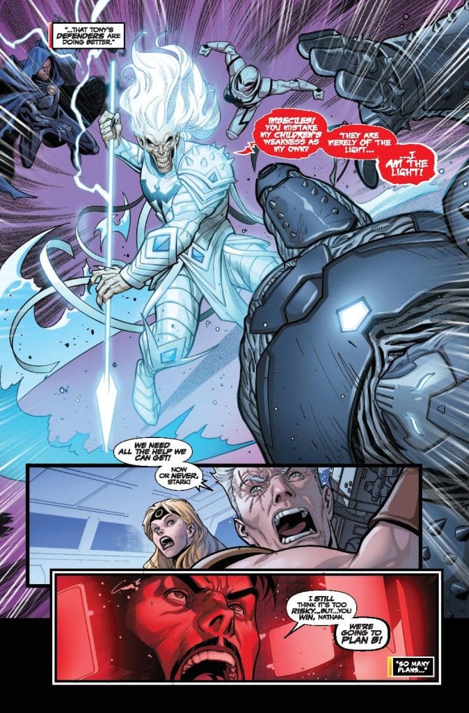 A dramatic comic book scene featuring a villain with ice-themed powers confronting multiple characters in battle, while dialogue reveals urgency and tension. Characters express concern and strategize amidst a backdrop of chaos.