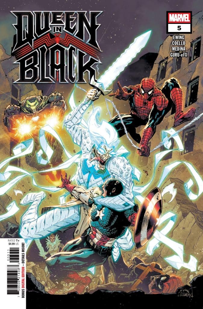 Cover of 'Queen in Black' comic issue 5 featuring Spider-Man, Captain America, and other characters in a dynamic battle scene with a cosmic background.