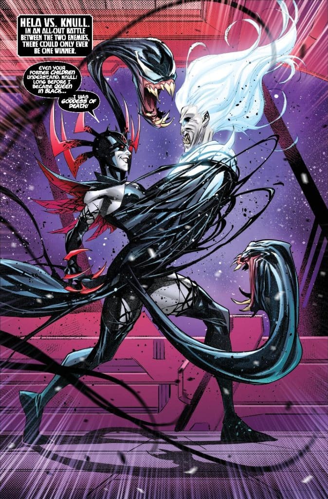 A comic book illustration depicting a fierce battle between Hela, the goddess of death, and Knull, the god of symbiotes. Hela is portrayed in a dark outfit with red accents, while Knull has a white appearance. They are locked in combat, showcasing dynamic poses and energy effects in a dramatic, colorful background.
