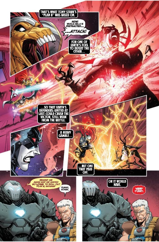 Comic panel depicting a battle scene with superheros attacking a foe, vibrant action with explosions and dynamic poses.