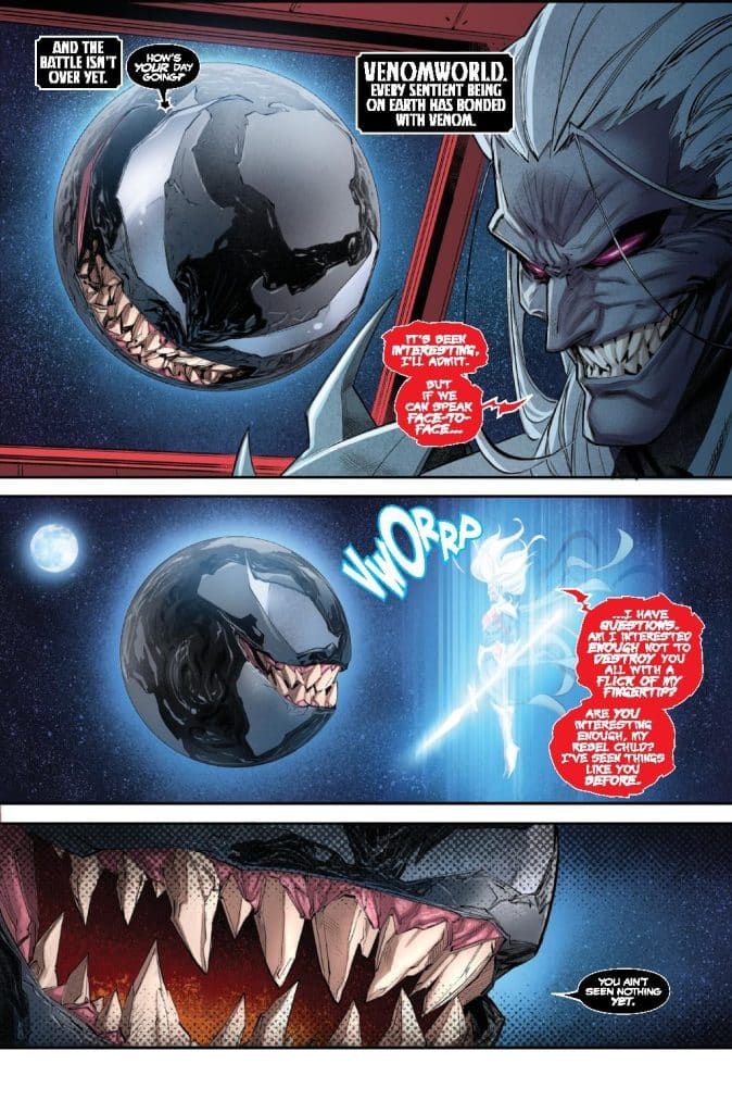 A comic book page featuring a character with a menacing grin facing off against a dark orb with sharp teeth. The background depicts a starry space scene, while speech bubbles convey a tense conversation about a battle and the power of the symbiote Venom.