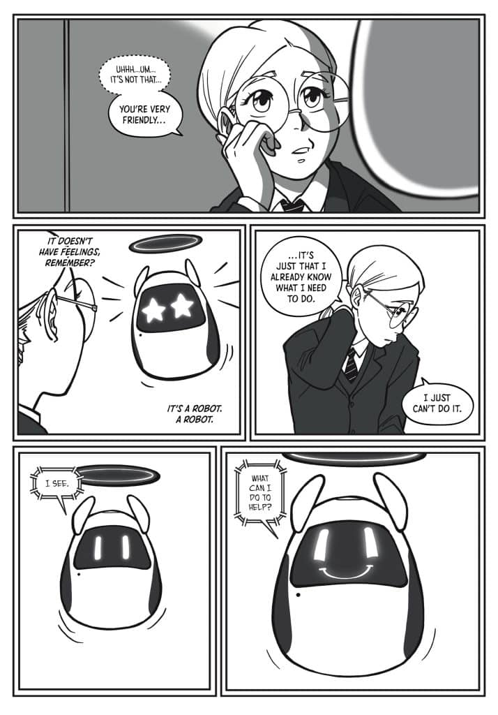 A comic strip featuring a conversation between a person with glasses and a robot. The character expresses concern about their feelings, while the robot reassures them about its abilities. The dialogue explores themes of emotion and assistance.