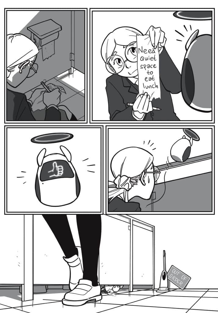 A person wearing glasses holds a note that says 'Need quiet space to eat lunch' while standing next to a robot with a thumbs-up symbol on its screen.