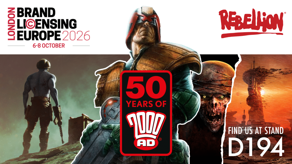Promotional image for London Brand Licensing Europe 2026, featuring characters and artwork from 2000 AD celebrating its 50th anniversary, with event details and booth number D194.