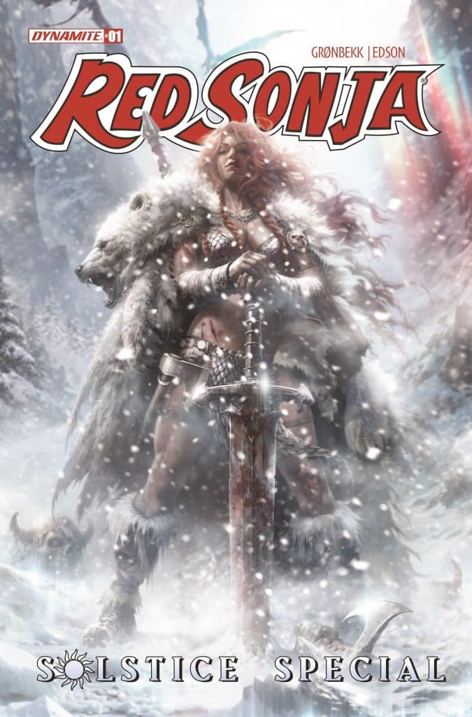 Cover art for Red Sonja: Solstice Special featuring the character Red Sonja in a snowy landscape, holding a sword, with a white bear nearby.