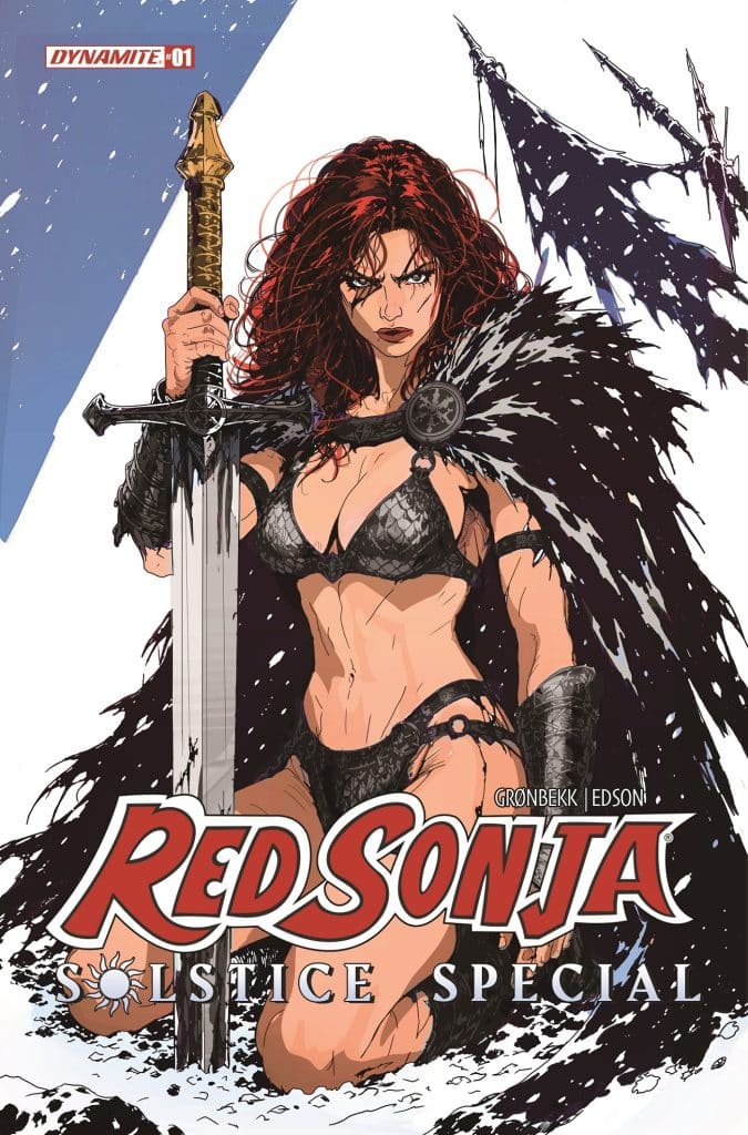 Cover of 'Red Sonja: Solstice Special' comic featuring the character Red Sonja with long red hair, wearing a warrior outfit, holding a sword in one hand and shouting fiercely.