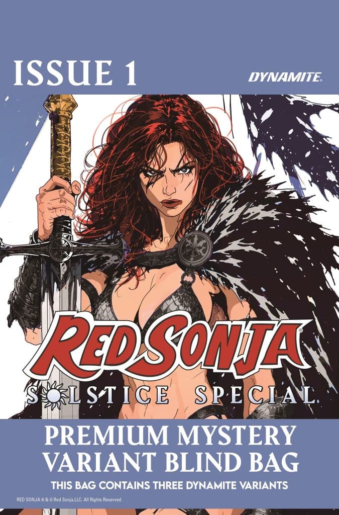 Cover art for Red Sonja: Solstice Special, Issue 1, featuring a fierce-looking character with long red hair and a sword, surrounded by dynamic, bold graphics.