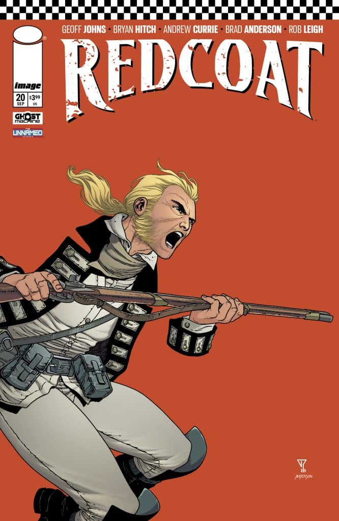 Comic book cover titled 'Redcoat', featuring a fierce character with long blonde hair, dressed in a historical military uniform, aiming a rifle against a vibrant orange background.